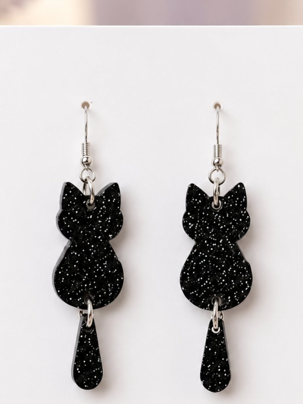 Black Glitter Cat Acrylic Dangle Earrings – Hypoallergenic